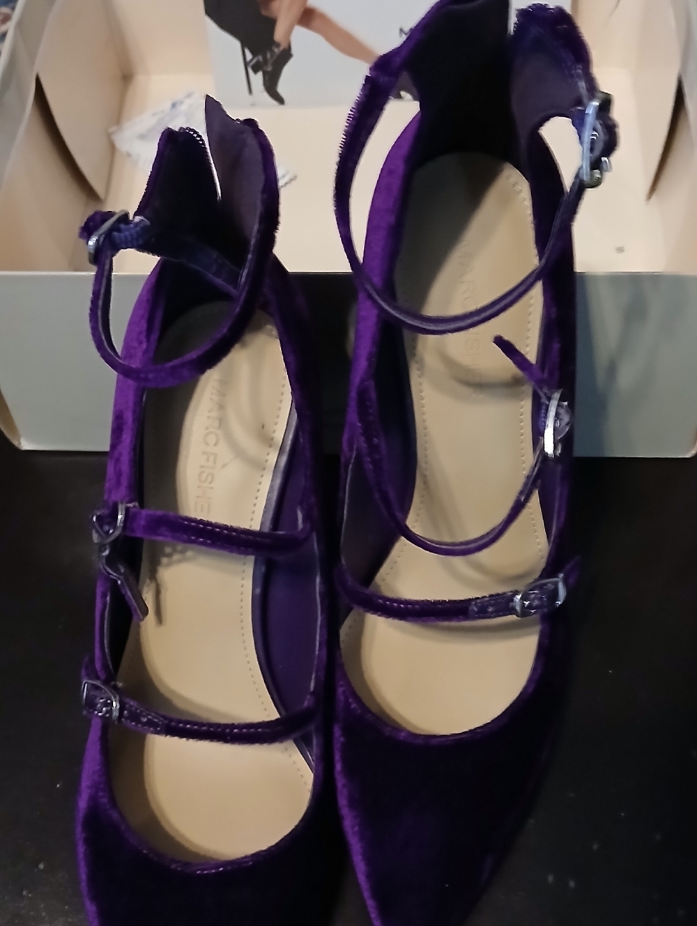 Marc Fisher Deep Purple Velvet Pointed-Toe Strappy Spike Heels.